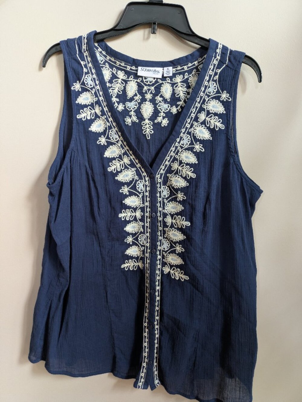 st john 100% cotton sleeveless embroidered button up top size xl #443